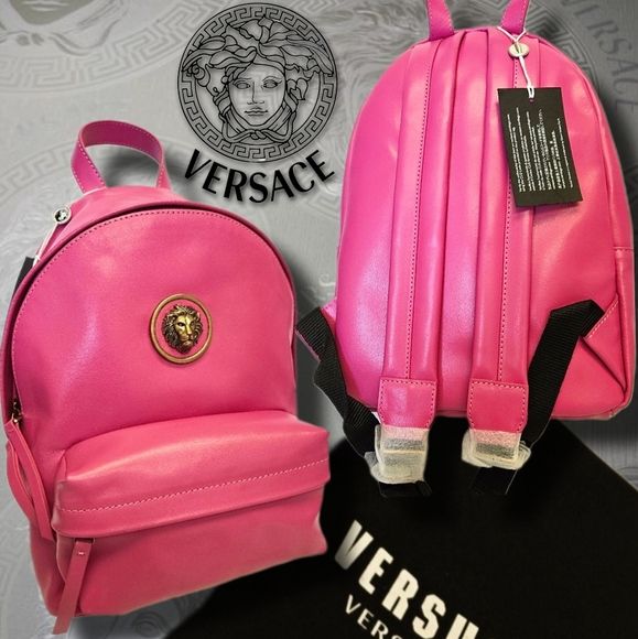 NWT COA Versace Versus Autre Marque Gold Lion Logo LRG Pink Backpack- Dust Cover - Picture 1 of 12